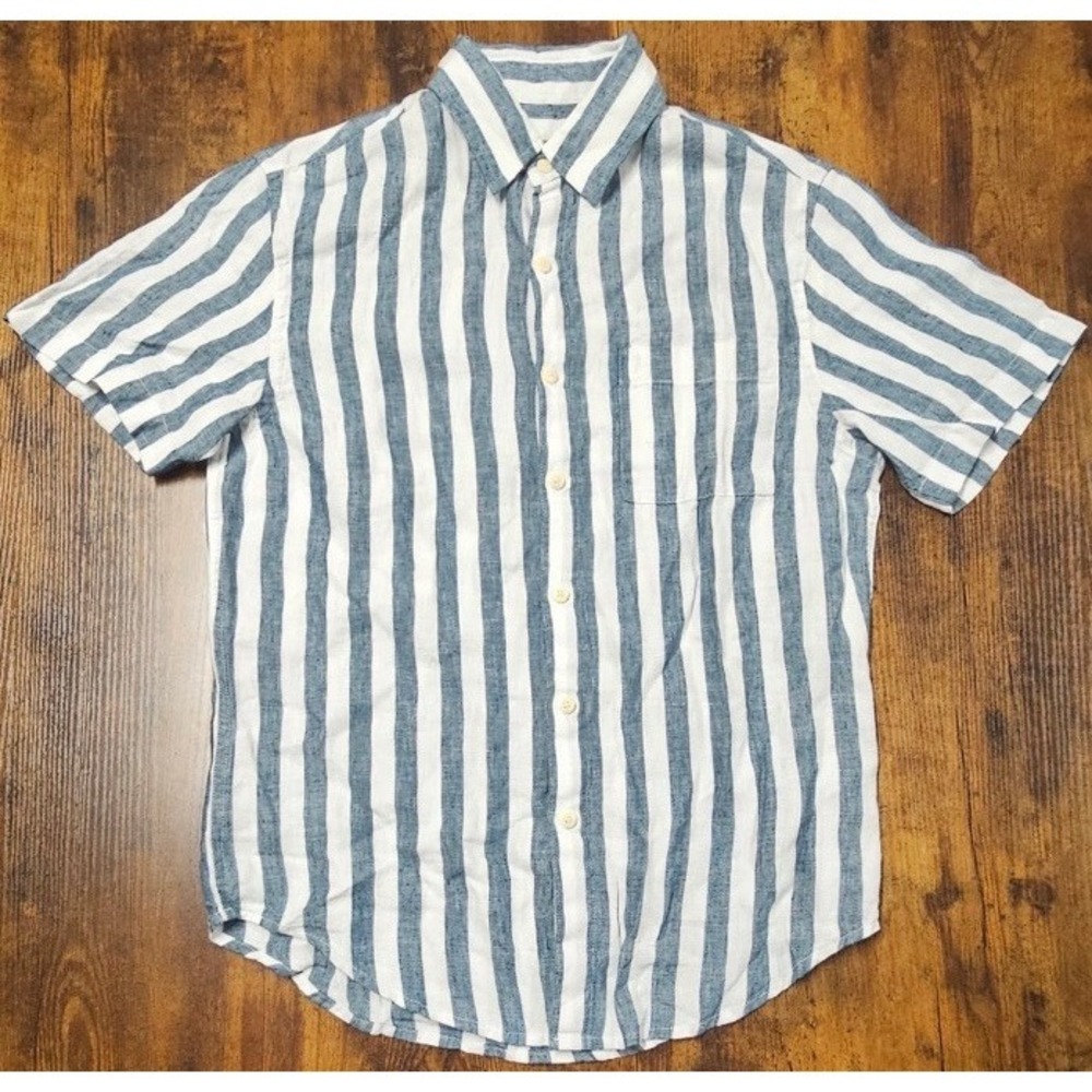 Alex Crane Ola Shirt Men's Small Blue Striped 100% Linen Button Up Short Sleeve